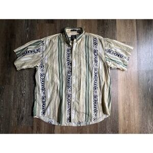 Salty Dog Button Down Shirt Mens XL Green Tan Striped Tribal Imperial Poplin Vtg